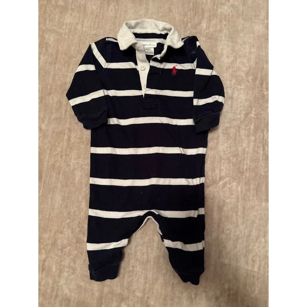 Ralph Lauren Baby Boys Navy White Striped Rugby Romper Coverall 6M